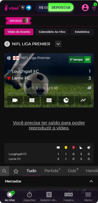  Interface do aplicativo Vbet informando que transmissão ao vivo do jogo precisa de saldo

