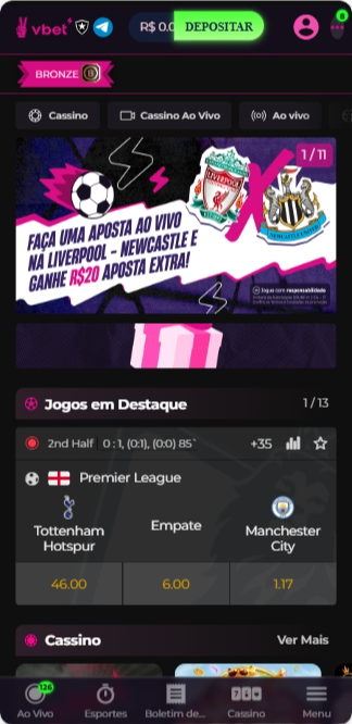 Página inicial do site mobile Vbet Brasil com odds esportivos e cassino

