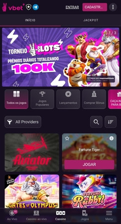Página do cassino da Vbet com destaque para slots, incluindo Aviator, Fortune Tiger e Gates of Olympus.