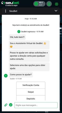 Tela do atendimento virtual da SeuBet, onde o assistente virtual cumprimenta o usuário e oferece opções como verificação de conta, saque e depósito.