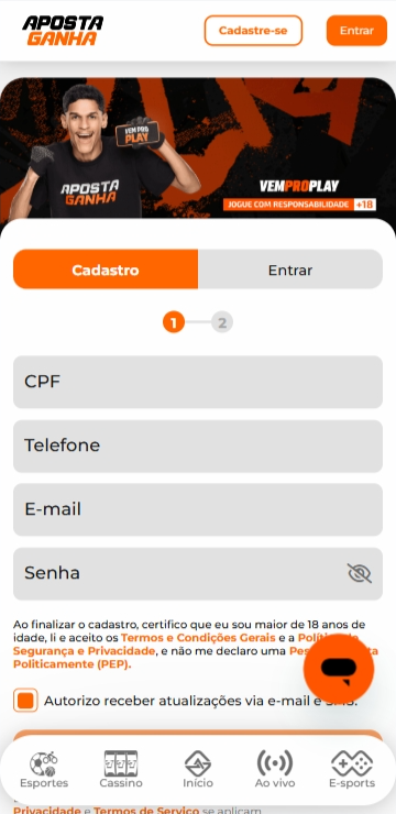 Formulário de cadastro no aplicativo da Aposta Ganha