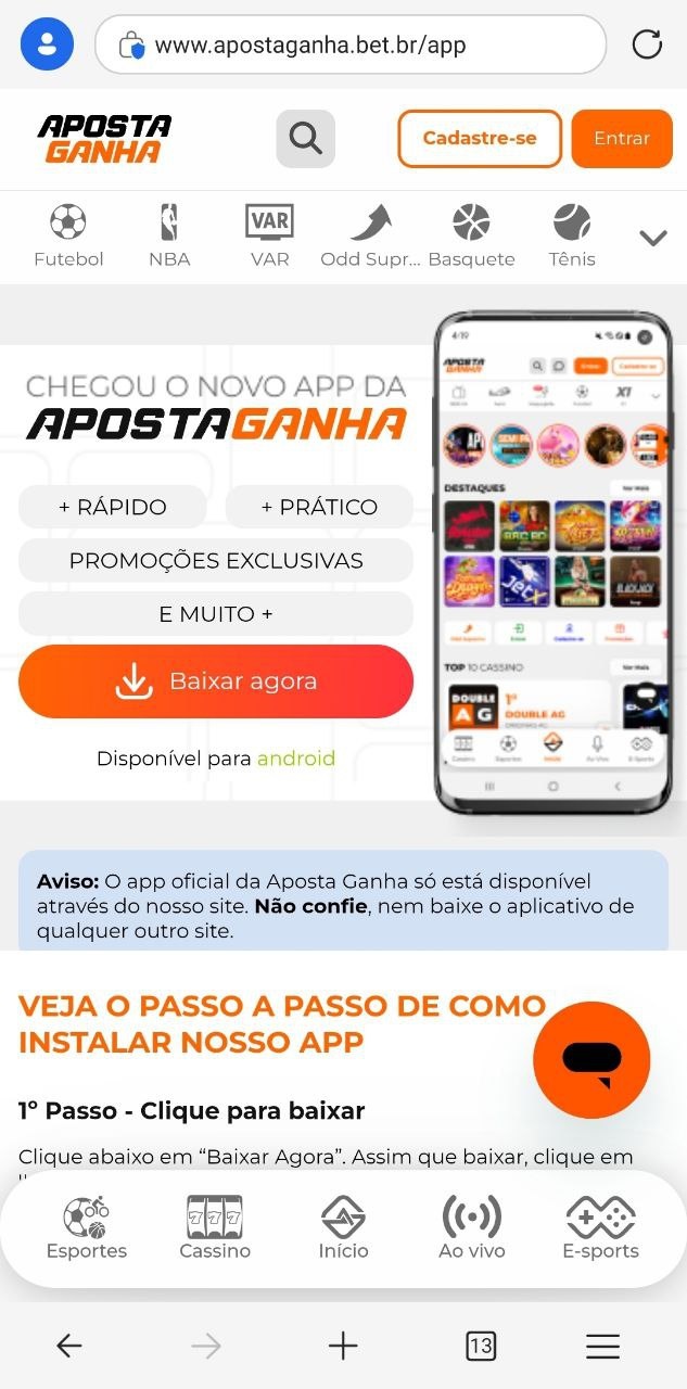 Página de download do Aposta Ganha app