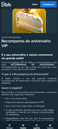 Tela da página da promoção 'Recompensa de aniversário VIP' no site da Stake. O texto informa que jogadores VIP recebem uma recompensa especial no dia do seu aniversário.