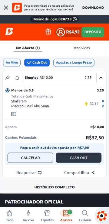 Cupom de apostas com a opção de confirmar cash out na partida Shafaram x Maccabi Bnei Abu Snan