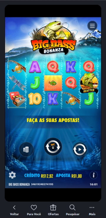 Big Bass Bonanza com cenário subaquático, símbolos coloridos como peixes, iscas e vara de pesca, e destaque para o scatter com imagem de peixe dourado.