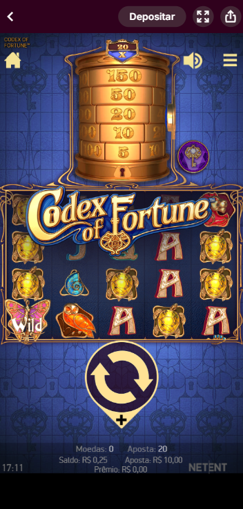 Codex of Fortune da NetEnt com cilindro de prêmios no topo, símbolos dourados e arte inspirada em engrenagens e mistério, com botão de giro central.