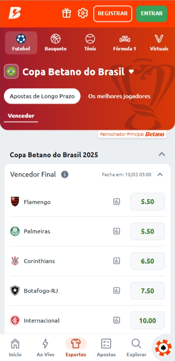 Página principal da competição Copa do Brasil na Betano
