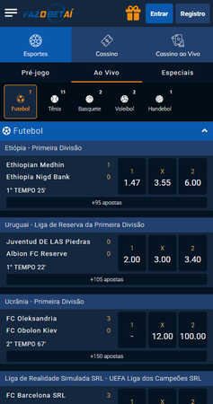 Tela da seção de apostas ao vivo da Fazobetai. Listagem de eventos esportivos, incluindo jogos de futebol na Etiópia, Uruguai e Ucrânia