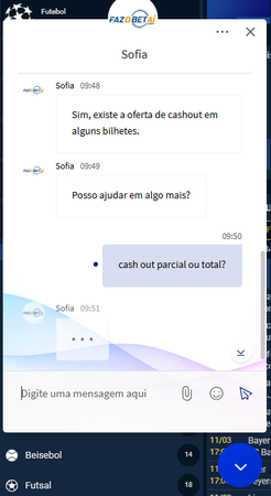 Tela do chat de atendimento ao cliente da Fazobetai. A assistente Sofia responde que a oferta de Cash Out está disponível em alguns bilhetes e pergunta se pode ajudar com mais alguma coisa