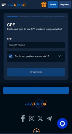 Formulário de cadastro na Fazobetai solicitando CPF e confirmação da idade do usuário