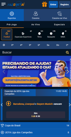 Tela da página inicial do site Fazobetai com banner promocional destacando a atualização do suporte via chat e exibindo um e-mail de contato