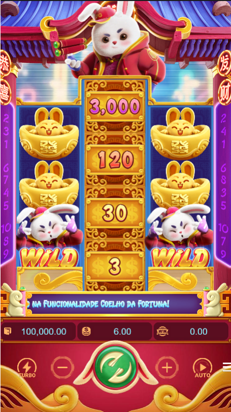 Fortune Rabbit com visual festivo, símbolo de coelho vestido de vermelho no topo e painel central com prêmios que vão de 3 até 3.000 créditos.