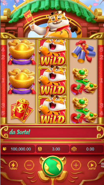 Fortune Tiger com visual asiático vibrante, tigre animado como símbolo WILD nos três rolos centrais e símbolos de riqueza como moedas e pergaminhos.