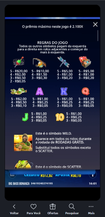 Tabela de pagamentos do slot Big Bass Bonanza mostrando os valores dos símbolos, regras do jogo, e descrição do símbolo WILD do pescador e do SCATTER com peixe dourado