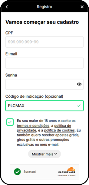 Área de cadastro da KTO com espaço para o código de indicação PLCMAX