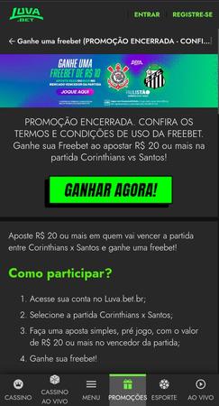 Tela da casa de apostas Luva.bet com oferta de Freebet para apostas na partida entre Corinthians e Santos