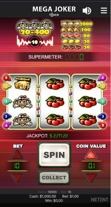 Mega Joker da NetEnt com três rolos, símbolos clássicos como cerejas e jokers, e destaque para o jackpot progressivo na parte inferior da tela.