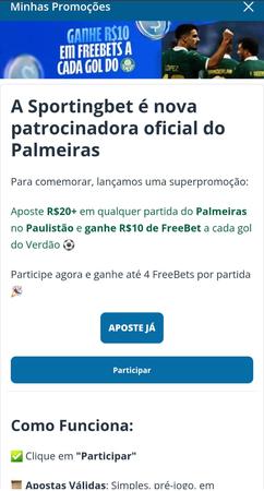 Tela da casa de apostas Sportingbet com bônus de Freebet a cada gol do Palmeiras no Paulistão.