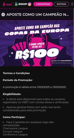Tela da casa de apostas Vbet com promoção de Freebet de até R$100 para apostas em competições europeia