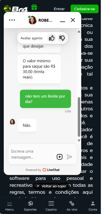 Janela de bate-papo com atendimento ao vivo no chat da Br4bet