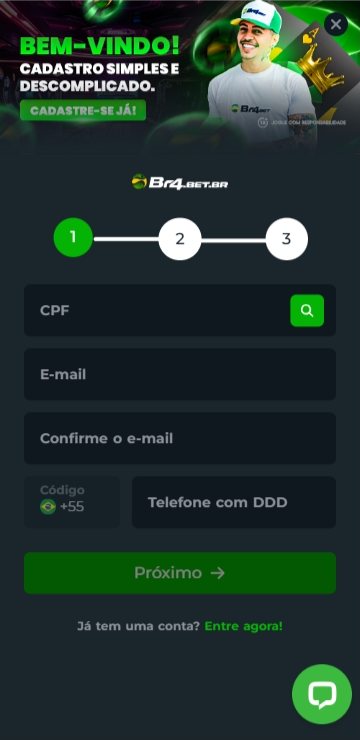 Formulário de cadastro no site da Br4bet