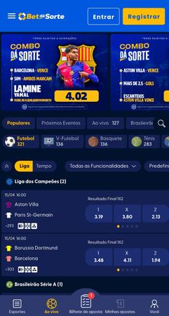 Tela inicial da Bet dá Sorte com apostas em destaque para Barcelona e Borussia Dortmund
