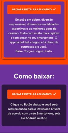Tela promocional da Bet.Bet incentivando o download do aplicativo para Android e iOS com destaque para rapidez e leveza.