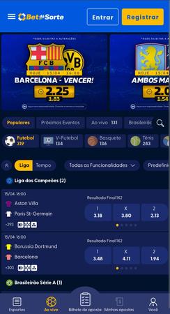 Página de apostas da Bet dá Sorte com combos de Barcelona e Aston Villa e odds destacadas
