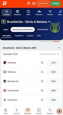 Página de apostas de longo prazo na Betano com odds para vencedor do Brasileirão Série A 2025, destacando Flamengo, Palmeiras, Botafogo, Internacional e Corinthians.