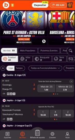 Tela de apostas esportivas da Bet.Bet mostrando partidas ao vivo, odds e filtros por modalidade.