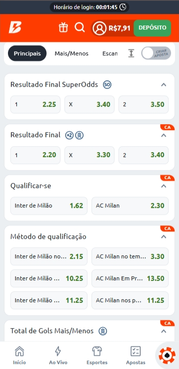 Mercado de resultado final com SuperOdds na Betano