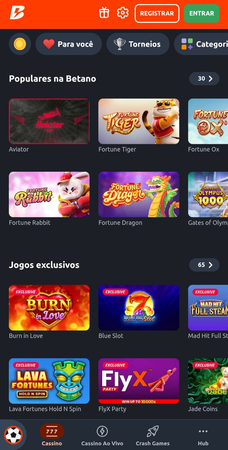 Tela do cassino da Betano com jogos populares como Aviator, Fortune Tiger e Fortune Rabbit, além de slots exclusivos como FlyX Party e Burn in Love.