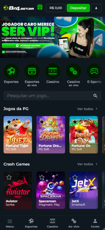 Tela inicial da casa de apostas Br4bet apresentando o menu com opções para Esportes e Cassino