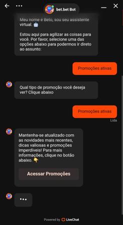 Chat automatizado com o assistente virtual Beto da Bet.Bet apresentando promoções ativas.