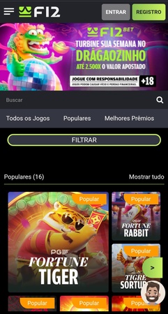Tela do cassino F12.Bet com destaque para jogos como Fortune Tiger e Fortune Rabbit