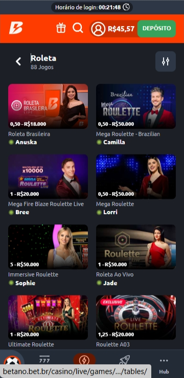 Roleta Betano com mesas ao vivo