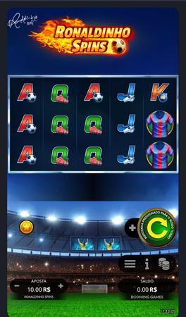 Slot Ronaldinho Spins com símbolos de futebol em um estádio iluminado