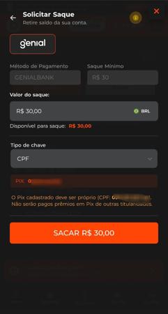 Tela da Bet.Bet para solicitar saque via Pix com valor mínimo de R$30 e campo para inserir CPF.