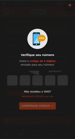 Tela de verificação da Bet.Bet pedindo código de 5 dígitos enviado via SMS para confirmar o número de celular.