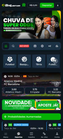 Página principal da Br4Bet com promoções de super odds e partidas ao vivo como Atlético de Madrid x Barcelona