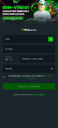 Tela de cadastro da Br4bet com campos para CPF, e-mail, telefone e senha. Destaque para o botão “Concluir cadastro” e banner promocional no topo