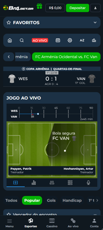 Tela da casa de apostas Br4bet com estatísticas ao vivo e dados como chutes a gol e número de cartões para os jogadores