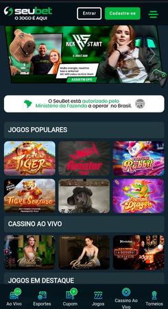 Página inicial da SeuBet com selo de autorização do Ministério da Fazenda e jogos em destaque como Aviator, Fortune Tiger, Tigre Sortudo e Fortune Dragon.