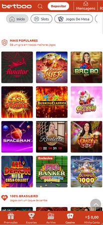 Tela da Betboo com lista de slots mais populares, incluindo Aviator, Fortune Tiger, Fortune Rabbit e outros jogos como Cash Strike e Spaceman.
