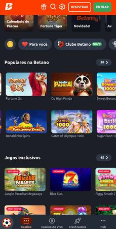 Área de cassino apresentando os slots mais populares na Betano, além de jogos exclusivos.