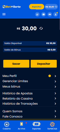 Tela da conta na Bet dá Sorte com saldo de R$30 disponível e opções de saque e depósito.