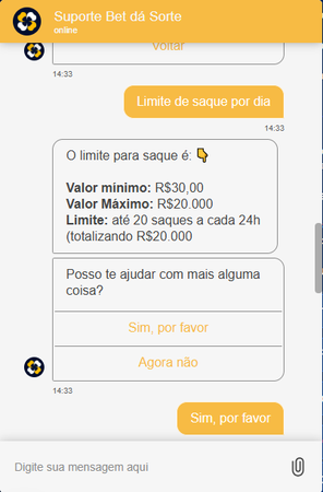 Tela da casa de apostas Bet dá Sorte com informações sobre o valor mínimo e máximo de saque.