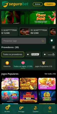 Tela do cassino da Segurobet com o jogo Touro Sortudo em destaque e opções populares como Gates of Olympus e Fortune Mouse.