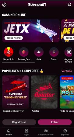 Superbet com destaque para o jogo JetX e slots populares como Superbet High Flyer, Aviator e Vida no Lago.