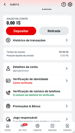 Tela da Superbet com saldo da conta, opções de depósito, retirada e status de verificação de identidade e telefone.